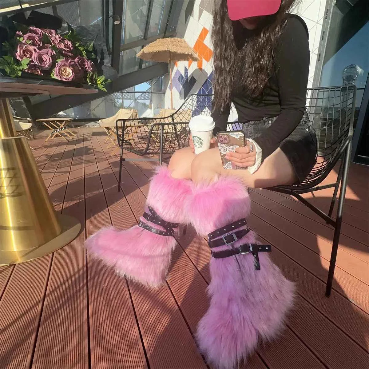 Ladies Faux Fur Knee High Wedge Platform Boots Popular Brown Spice Girl Cross Belt Buckle Winter New Snow Boots For Women