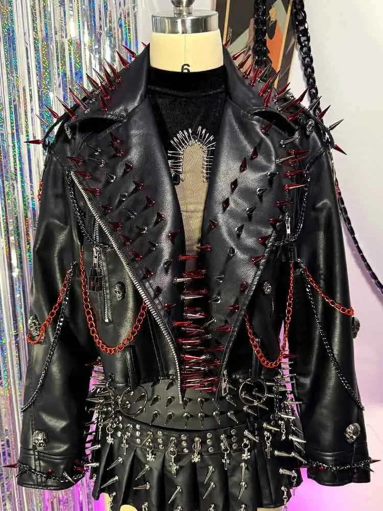 Punk Rock E-Girls Eco Goth Gothic Emo Grunge DIY Harajuku Y2K PU Leather Skull Studded Jacket Vintage Hand Made Studded Rivet