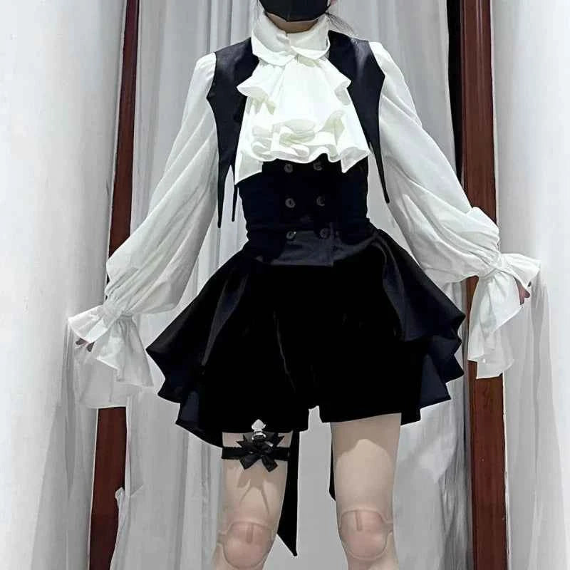 Y2k Aesthetic Lolita Style Bow Dress Shorts Set Japanese Women Gothic Lace Flare Sleeve Button Shirt Dress Punk Party Mini Dress