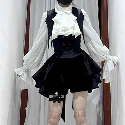 Y2k Aesthetic Lolita Style Bow Dress Shorts Set Japanese Women Gothic Lace Flare Sleeve Button Shirt Dress Punk Party Mini Dress