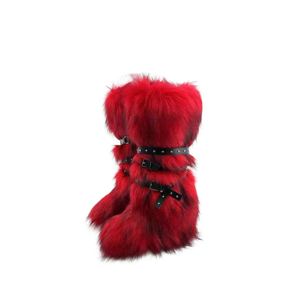 Ladies Faux Fur Knee High Wedge Platform Boots Popular Brown Spice Girl Cross Belt Buckle Winter New Snow Boots For Women