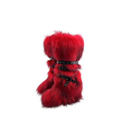Ladies Faux Fur Knee High Wedge Platform Boots Popular Brown Spice Girl Cross Belt Buckle Winter New Snow Boots For Women