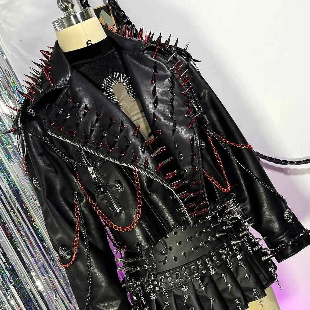 Punk Rock E-Girls Eco Goth Gothic Emo Grunge DIY Harajuku Y2K PU Leather Skull Studded Jacket Vintage Hand Made Studded Rivet