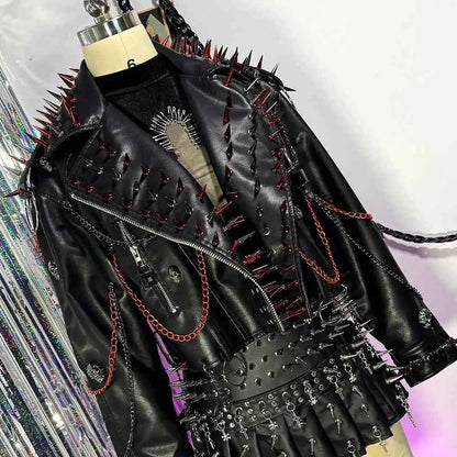 Punk Rock E-Girls Eco Goth Gothic Emo Grunge DIY Harajuku Y2K PU Leather Skull Studded Jacket Vintage Hand Made Studded Rivet