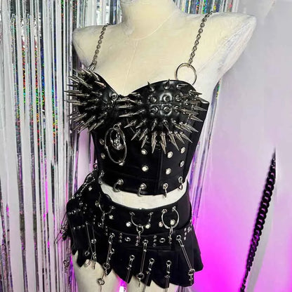 Gothic Emo Punk Woman Top with Spikes Grunge PU Leather Tank Y2K Alternative Clothing Sexy Party Club Wear T-shirt for Women