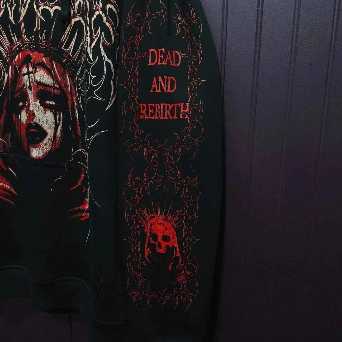 Y2K Black Hooded Sweatshirt for Men White Angel Themed Spike Print Street Fashion Trendy Top Unique Art Design