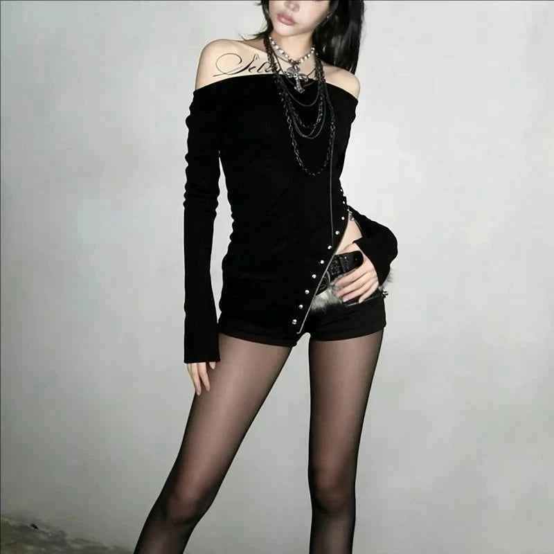 Personality Spice Women Fashion Off The Shoulder Long Sleeve T Shirts Y2k Heavy Rivet Nail Side Split Tops Harajuku Punk Clothes