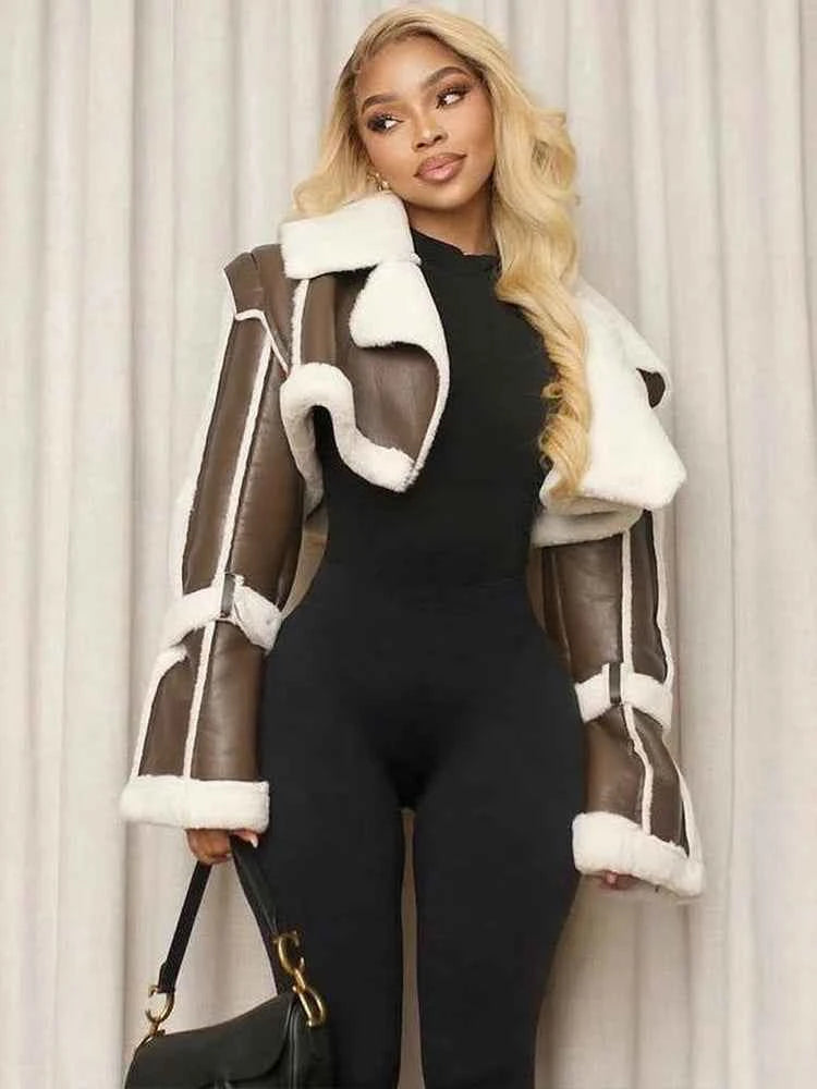 Weird Puss Furry Patchwork Women Crop Jacket Hipster Full Sleeve Open Stitch Hipster Streetwear Warm Outwear Basic Wild Coat