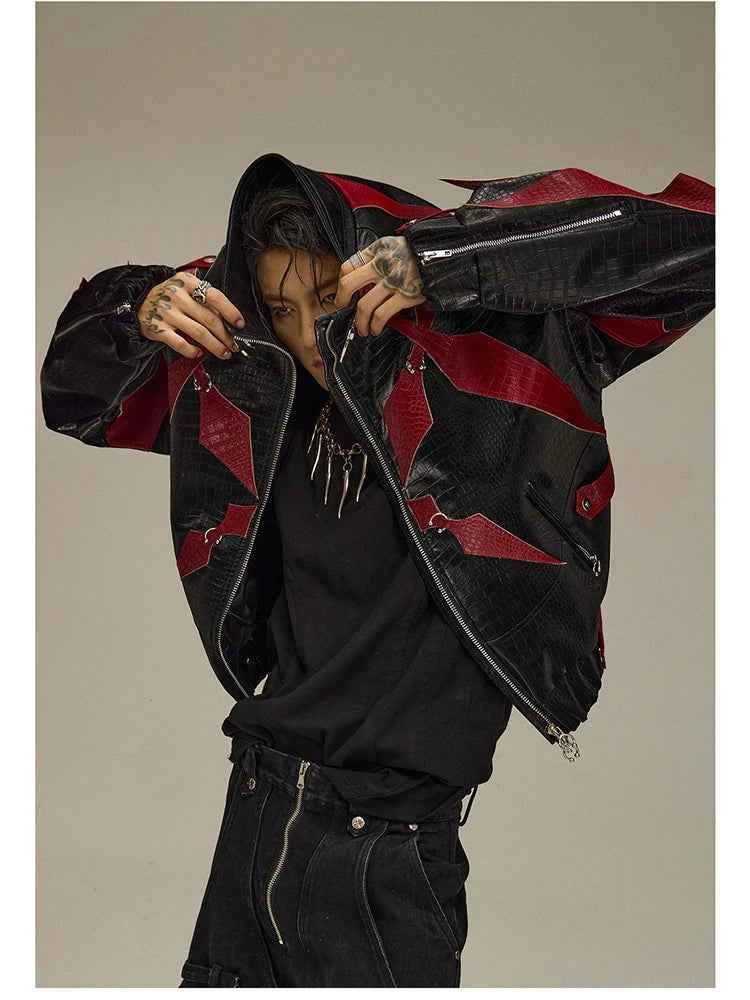 Mauroicardi Spring Autumn Cool Handsome Crocodile Print Patchwork Pu Leather Jacket Men Color Block Luxury Designer Clothes 2024