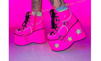 Green Spaced Out Platform Boots Round Toe Wedge Belt Buckle Lace Up Patchwork Women Cyberpunk Boots Gothic Style Y2K Shoes 2025