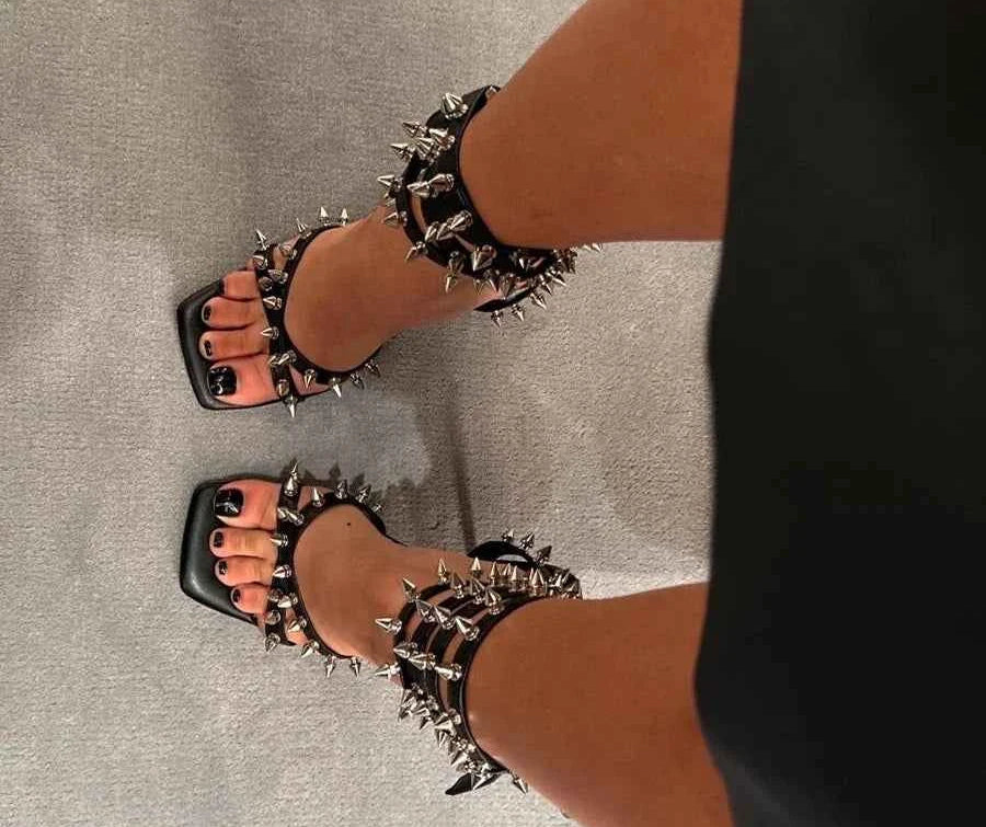 Punk Style Spikes Ankle Strap Stilettos Square Open Toe Thin High Heels Party Shoes Women's Streetwear Evening Trending Sandals