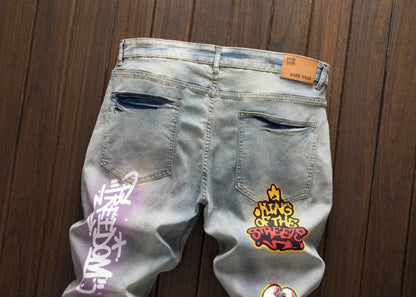 Men's street casual printed versatile fashionable slim fit straight hole vintage jeans