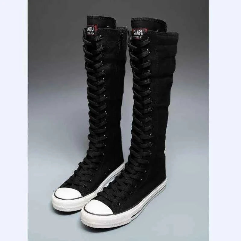 2025 New High Top Canvas Shoes for Women's Korean Edition Long Boot Lace-Up Zipper Comfortable Boot Zapatos De Mujer Tendencia