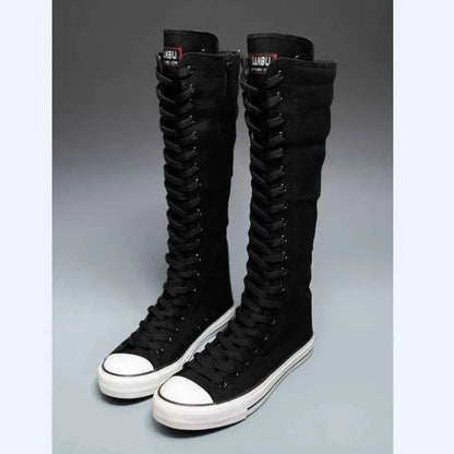 2025 New High Top Canvas Shoes for Women's Korean Edition Long Boot Lace-Up Zipper Comfortable Boot Zapatos De Mujer Tendencia