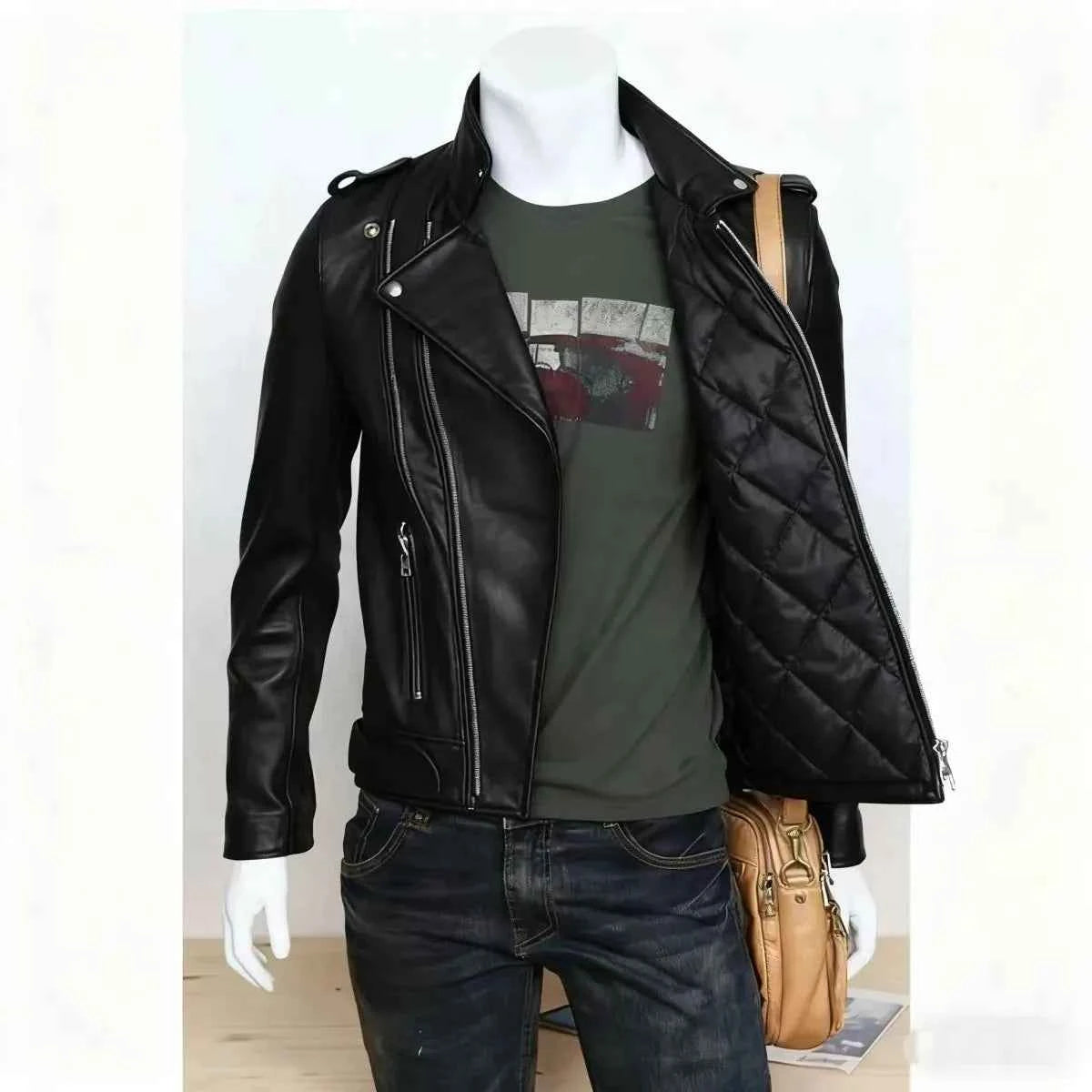 Winter and Autumn Men's Oversized Button-down PU Leather Coat with Multiple Zippers Polo Jacket, with Many Zippers
