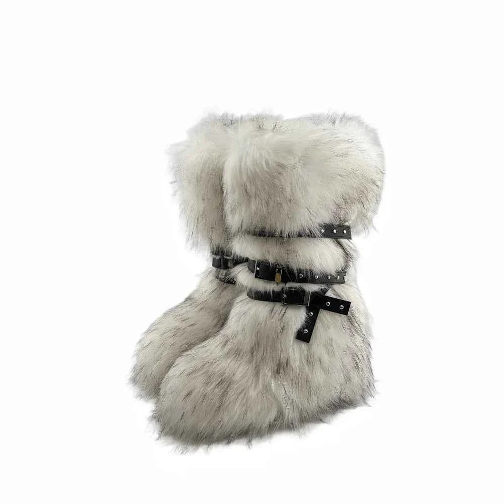 Ladies Faux Fur Knee High Wedge Platform Boots Popular Brown Spice Girl Cross Belt Buckle Winter New Snow Boots For Women