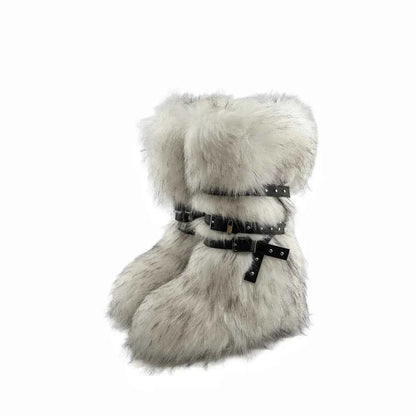 Ladies Faux Fur Knee High Wedge Platform Boots Popular Brown Spice Girl Cross Belt Buckle Winter New Snow Boots For Women