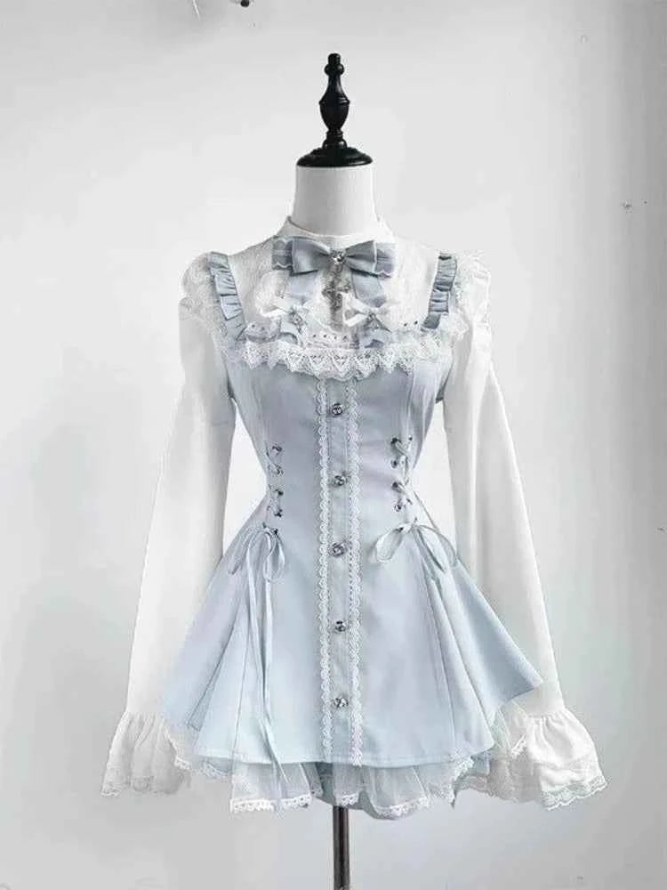 Y2k Aesthetic Lolita Style Bow Dress Shorts Set Japanese Women Gothic Lace Flare Sleeve Button Shirt Dress Punk Party Mini Dress