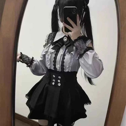 Y2k Aesthetic Lolita Style Bow Dress Shorts Set Japanese Women Gothic Lace Flare Sleeve Button Shirt Dress Punk Party Mini Dress
