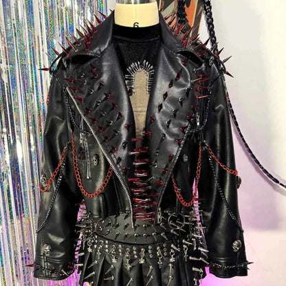 Punk Rock E-Girls Eco Goth Gothic Emo Grunge DIY Harajuku Y2K PU Leather Skull Studded Jacket Vintage Hand Made Studded Rivet