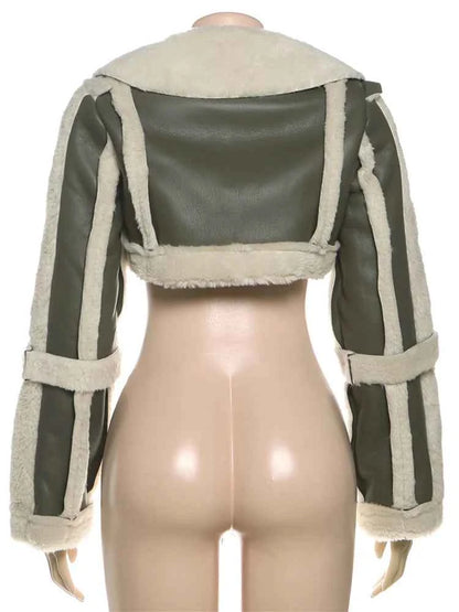 Weird Puss Furry Patchwork Women Crop Jacket Hipster Full Sleeve Open Stitch Hipster Streetwear Warm Outwear Basic Wild Coat