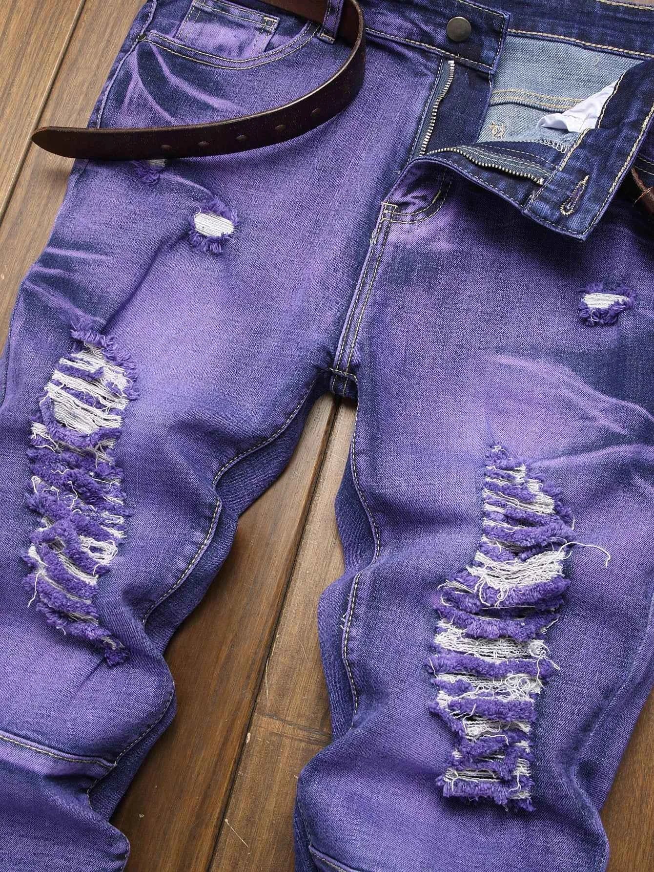 Stretch Slim Fit Jeans - Men's Mid Waist Distressed And Ripped Denim Jeans With Tassels For All Seasons Street Wear