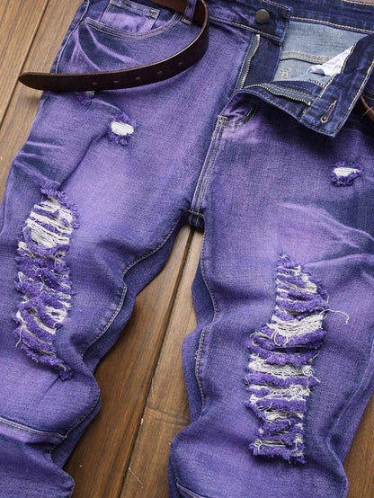 Stretch Slim Fit Jeans - Men's Mid Waist Distressed And Ripped Denim Jeans With Tassels For All Seasons Street Wear