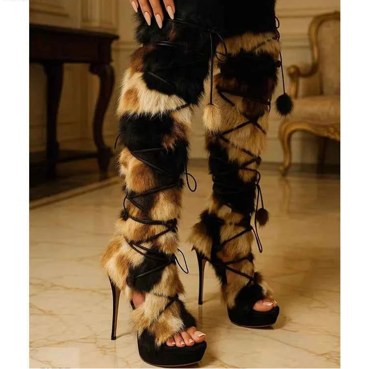 2026 Fashion Women's Fur Decoration Boots Summer High Heel Platform Thick Bottom Dance Shoes Stiletto Lace Up Party Sandals