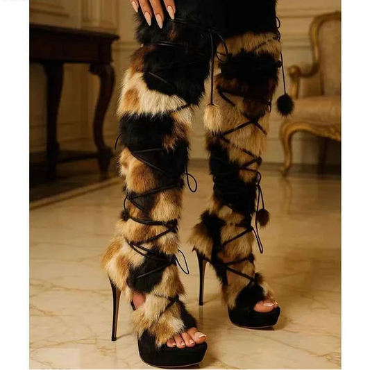 2026 Fashion Women's Fur Decoration Boots Summer High Heel Platform Thick Bottom Dance Shoes Stiletto Lace Up Party Sandals