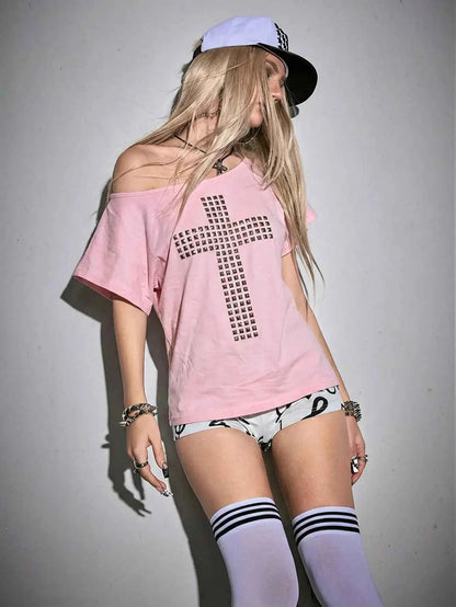 Punk Y2K Studded Cross T-Shirt with Cutout Back, Off-Shoulder Loose Fit for Streetwear