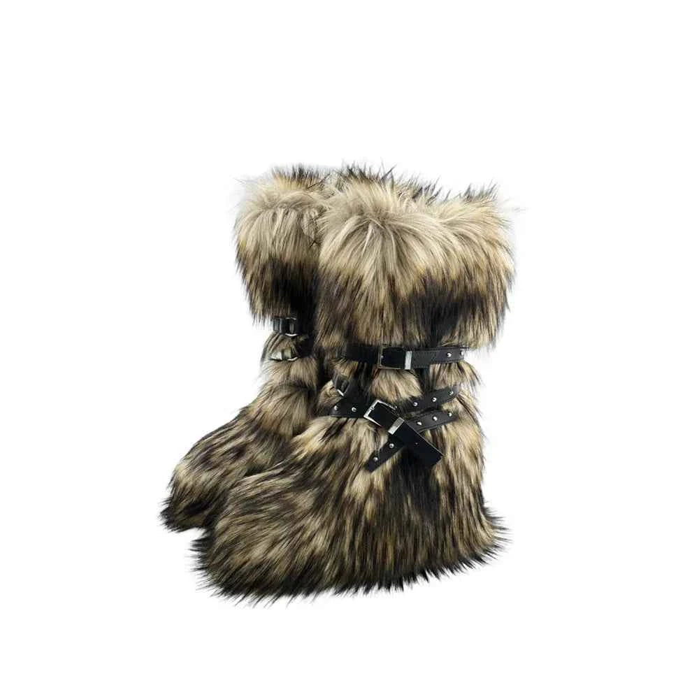 Ladies Faux Fur Knee High Wedge Platform Boots Popular Brown Spice Girl Cross Belt Buckle Winter New Snow Boots For Women