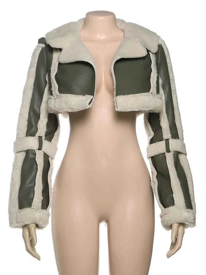 Weird Puss Furry Patchwork Women Crop Jacket Hipster Full Sleeve Open Stitch Hipster Streetwear Warm Outwear Basic Wild Coat