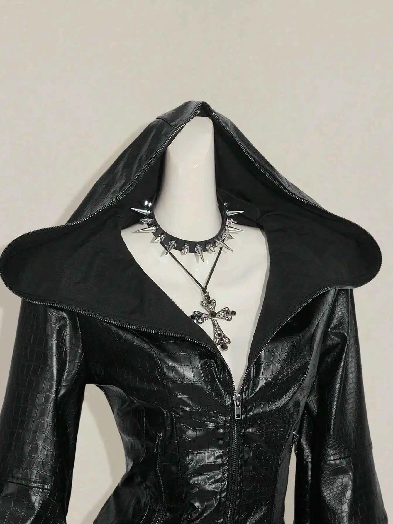 Women's Gothic Punk Hooded PU Leather Jacket with Corset Waist, Zip-Up Front & Spiked Collar for Fall/Winter
