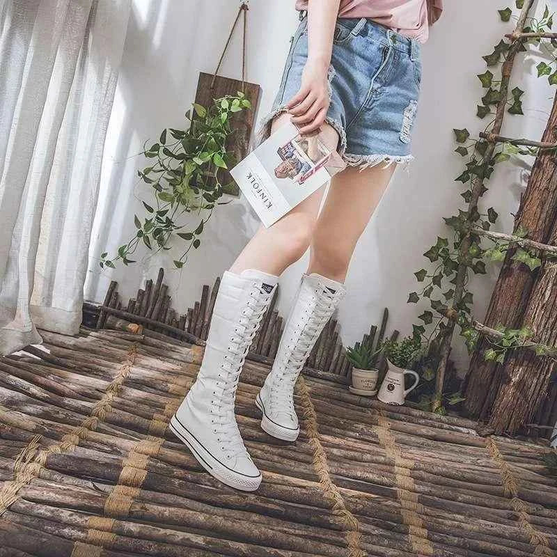 2025 New High Top Canvas Shoes for Women's Korean Edition Long Boot Lace-Up Zipper Comfortable Boot Zapatos De Mujer Tendencia