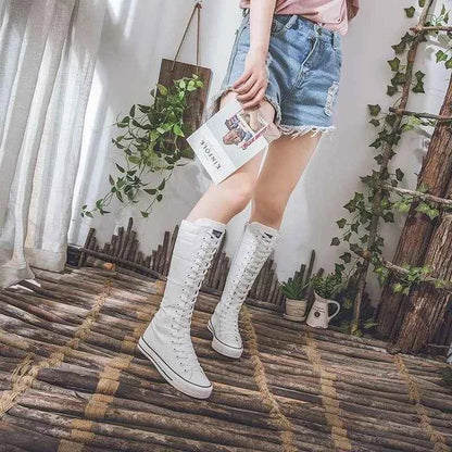 2025 New High Top Canvas Shoes for Women's Korean Edition Long Boot Lace-Up Zipper Comfortable Boot Zapatos De Mujer Tendencia