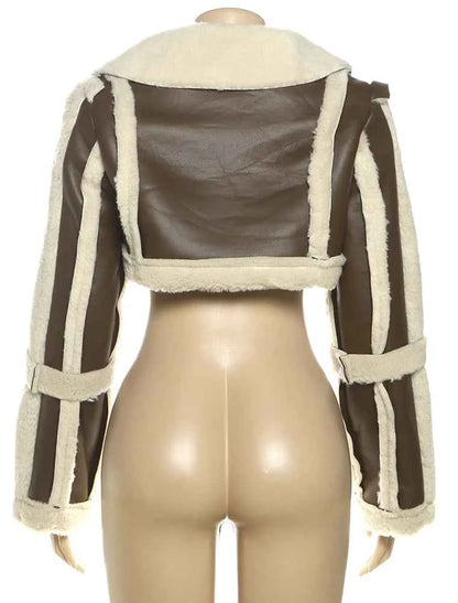 Weird Puss Furry Patchwork Women Crop Jacket Hipster Full Sleeve Open Stitch Hipster Streetwear Warm Outwear Basic Wild Coat