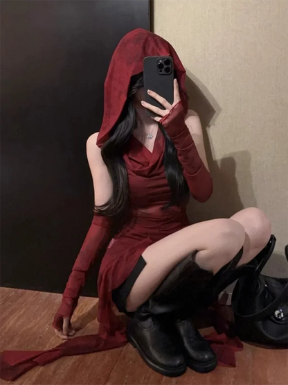 Red Mesh See Through Top Streetwear T-shirt Irregular Ruffle