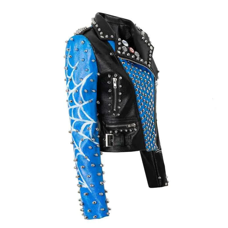 Streetwear Contrast Spliced Faux Leather Jacket for Women 2026 New Graffiti Print Punk Studded Slim Cropped Motorcycle Jackets
