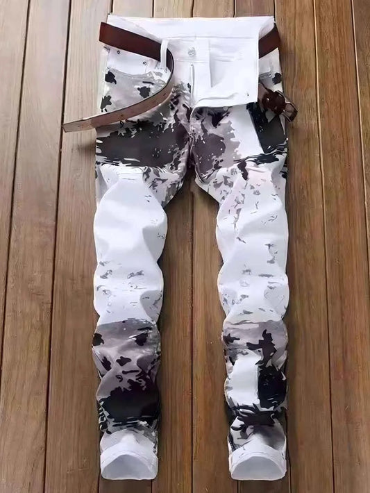 Men's Jeans Casual Black And Grey Printed Denim Pants Slim Fit Straight Leg Comfort Mid Waist White Trousers