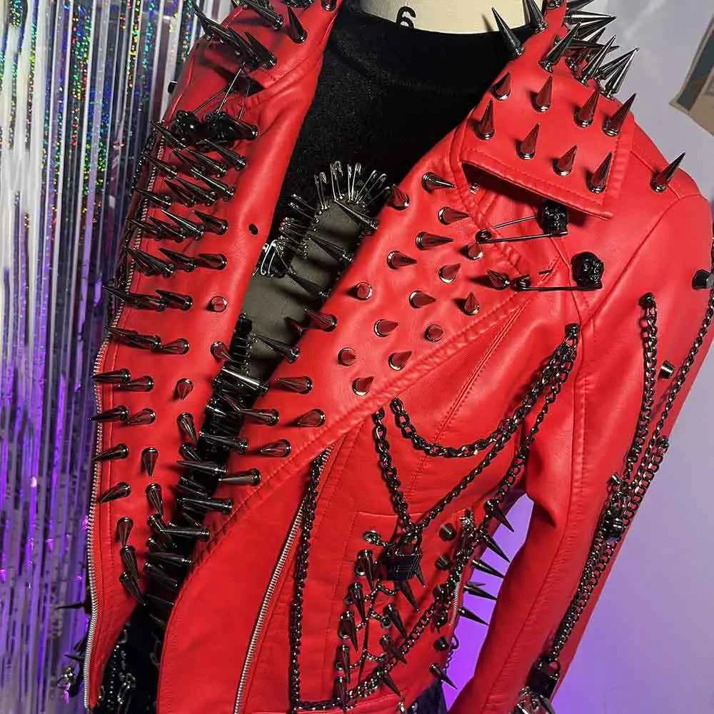 Club Wear Spike Studded Rivet Coat E-Girls Punk Rock Goth Emo Gothic Y2K Pu leather Jacket Harajuku Grunge Chain Zipper