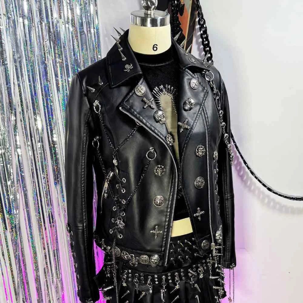 Y2K Vegan Leather Skull Studded Rivets Jacket Coat E-Girls Gothic Harajuku Grunge Chain Emo Eco DIY Punk Rock Hand Made