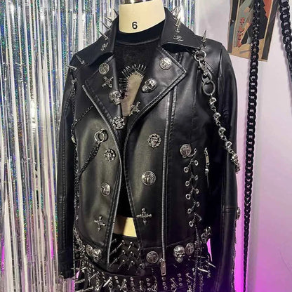 Y2K Vegan Leather Skull Studded Rivets Jacket Coat E-Girls Gothic Harajuku Grunge Chain Emo Eco DIY Punk Rock Hand Made