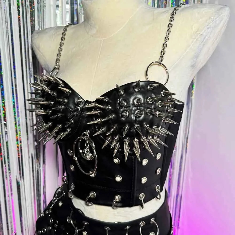 Gothic Emo Punk Woman Top with Spikes Grunge PU Leather Tank Y2K Alternative Clothing Sexy Party Club Wear T-shirt for Women