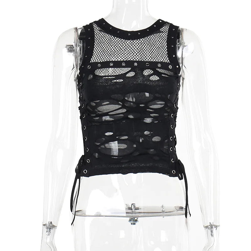 Gothic Crop Top T-Shirt for Women Sexy Fishnet Backless Steampunk