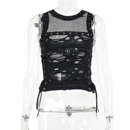 Gothic Crop Top T-Shirt for Women Sexy Fishnet Backless Steampunk