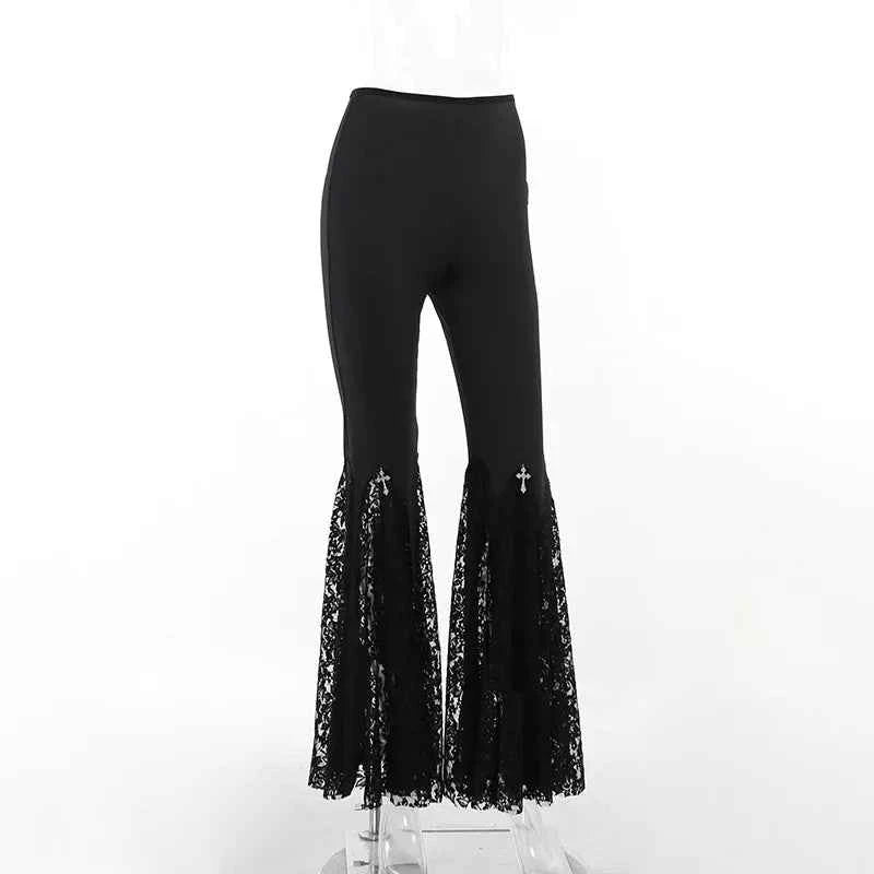 Goth Mall Flare Pants Sexy Black Lace Patchwork High Waist Vintage Harajuku Hippie Punk Grunge Streetwear  Y2k Pants
