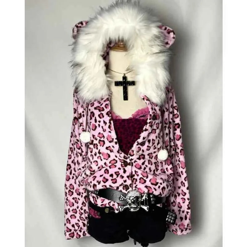 Y2K Kawaii Pink Leopard Plush Zipper Hoodie | Harajuku | MUNSIEUR