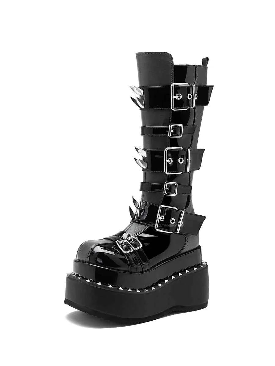 Belt Buckle Spike Rivet Platform Motorcycle Boots Round Toe Thick Sole Side Zipper Punk Knee High Boots Heavy Work Gothic Style