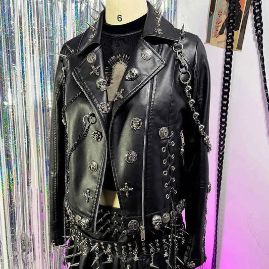 Y2K Vegan Leather Skull Studded Rivets Jacket Coat E-Girls Gothic Harajuku Grunge Chain Emo Eco DIY Punk Rock Hand Made
