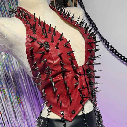 Emo Spike Studded Rivet PU Leather Halter T-shirt